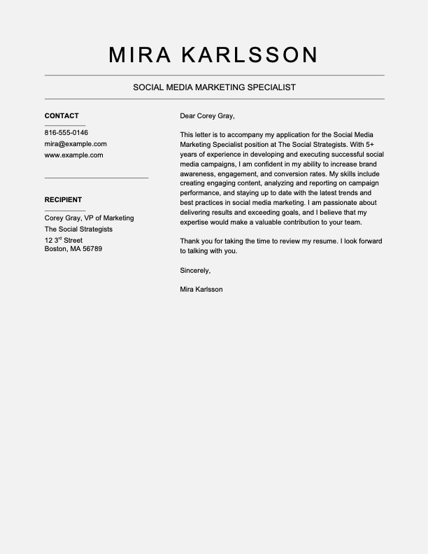 Social media marketing cover letter